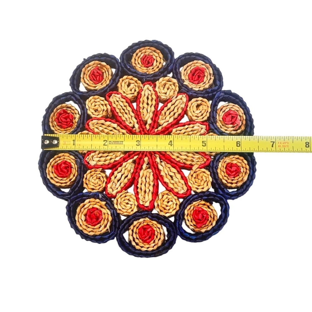 Vintage Woven Straw Trivets Set of 2 Red Navy Blue Natural Boho Kitchen‎ Decor - Picture 6 of 6